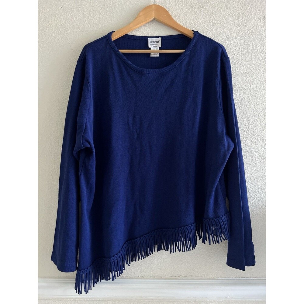 Dorby Woman Vintage Knit Top 3X Blue Fringe Asymmetric Feminine Lagenlook